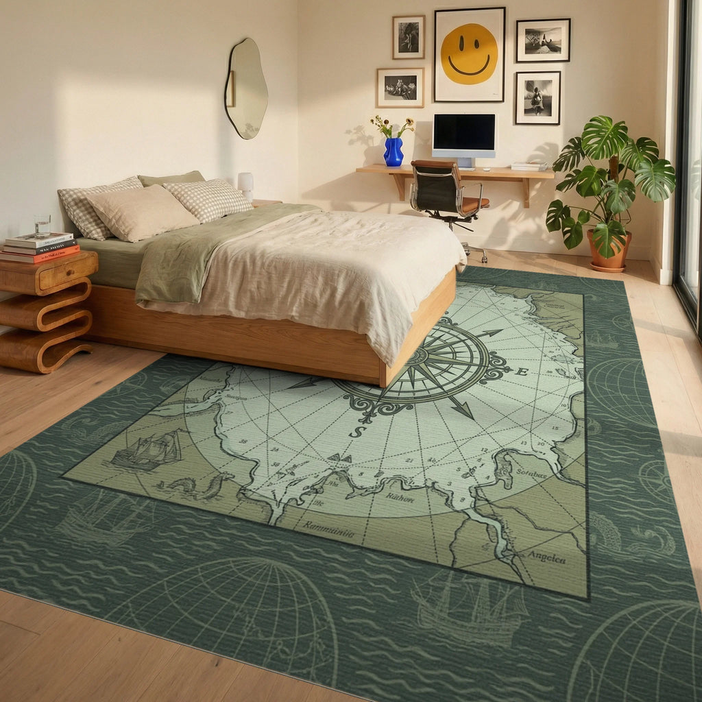 Nautical Old World Compass Chart Rug Bedroom View