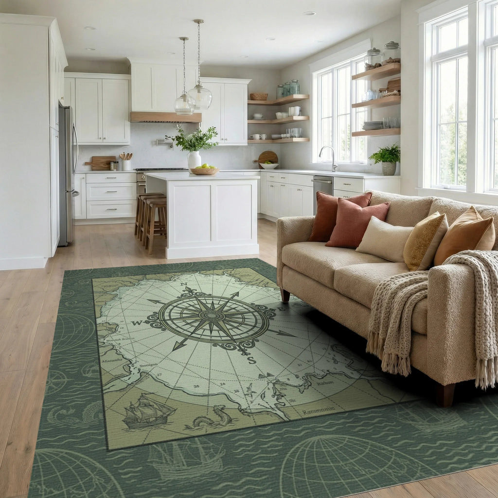 Nautical Old World Compass Chart Rug Living Room View