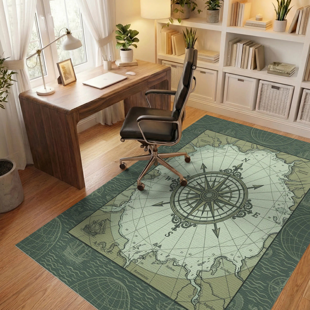 Nautical Old World Compass Chart Rug Office View
