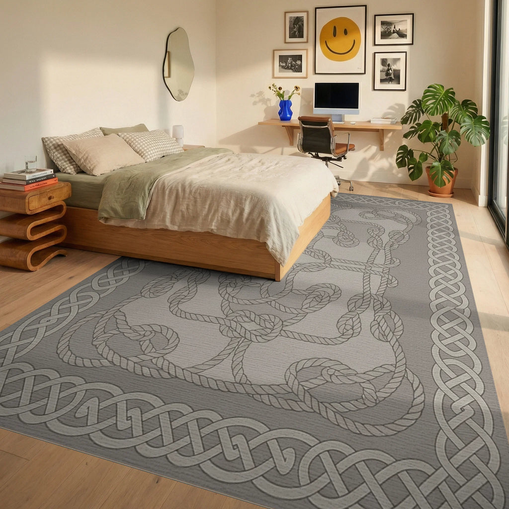 Nautical Rope Knot Tan Border Rug Bedroom View