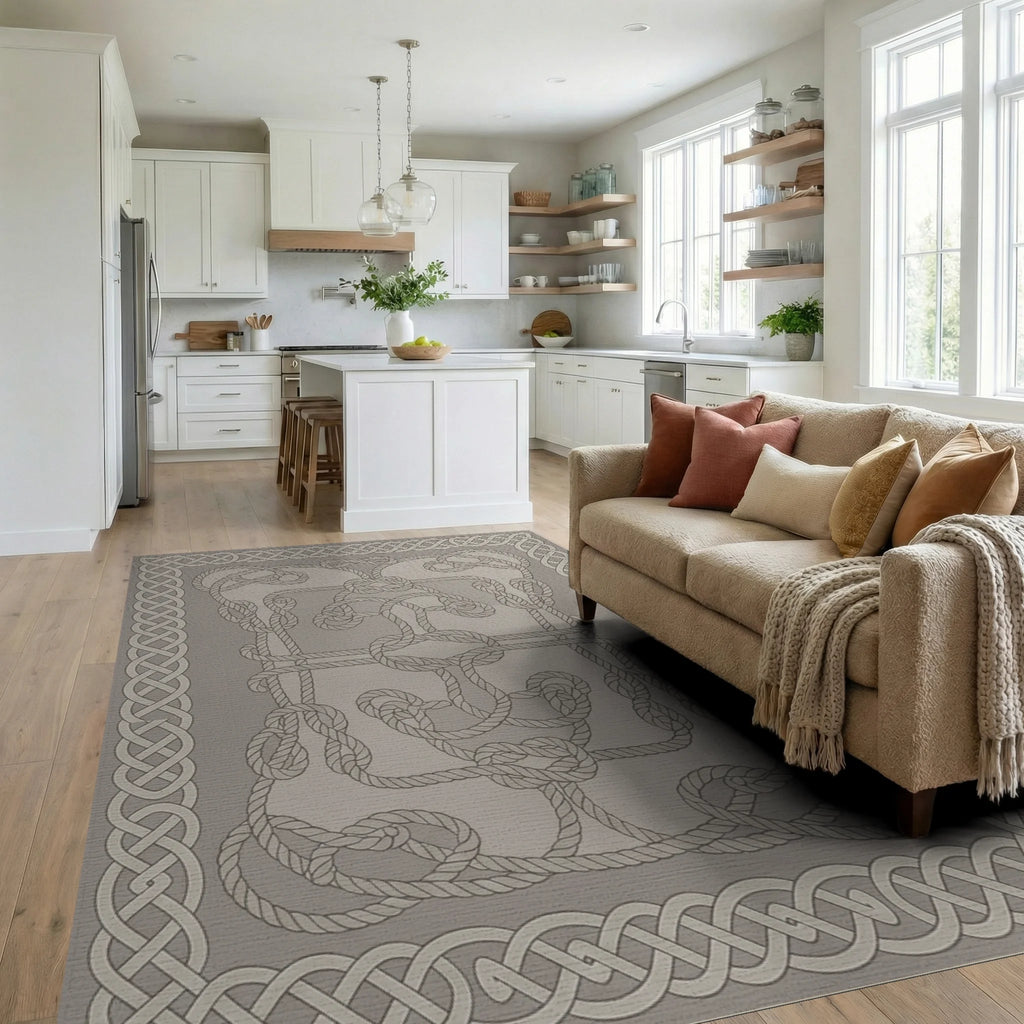 Nautical Rope Knot Tan Border Rug Living Room View