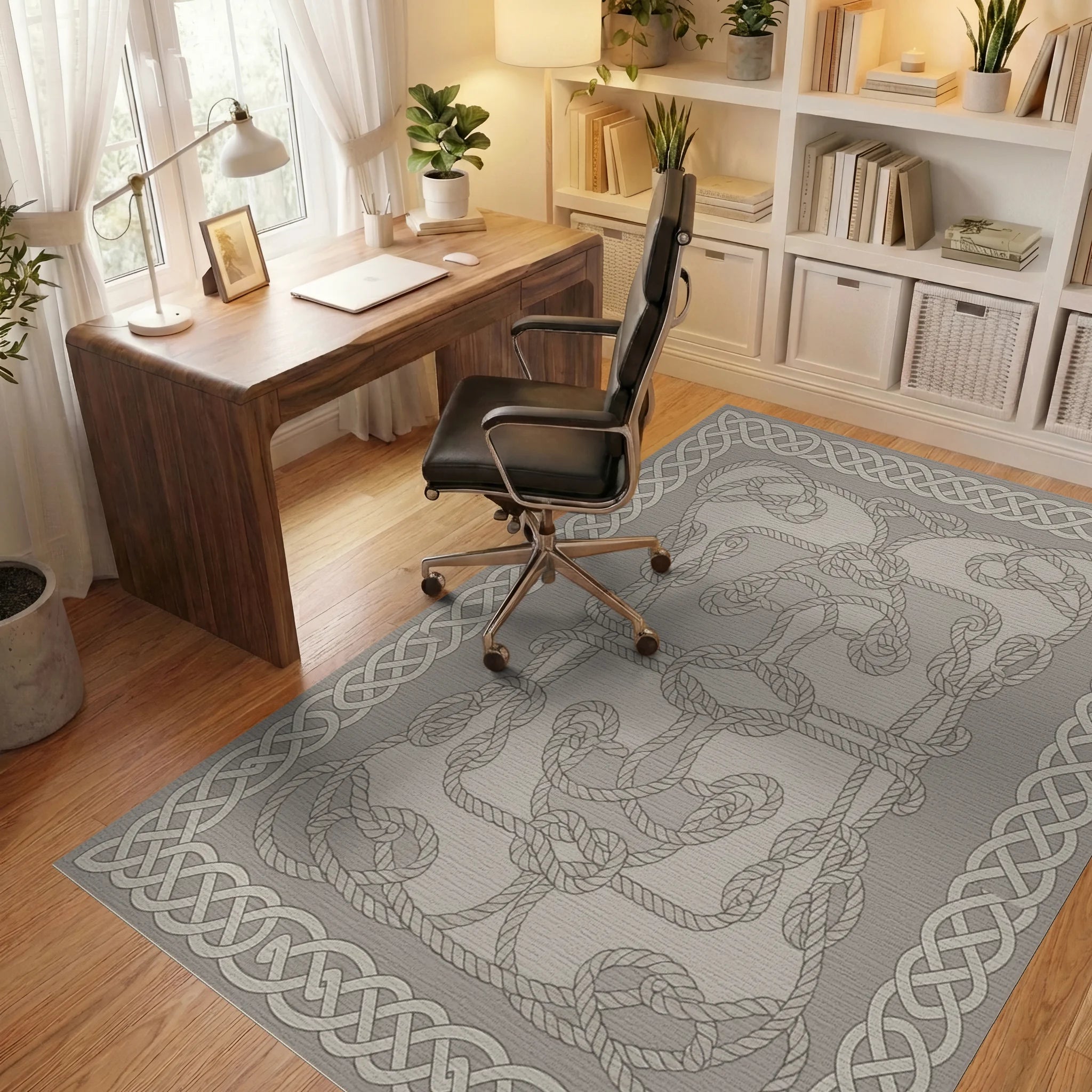Nautical Rope Knot Tan Border Rug Office View