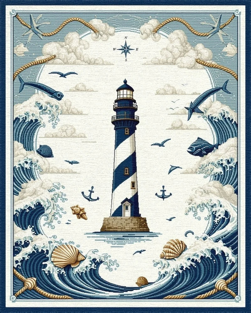 Nautical Striped Lighthouse Waves Rug - Cutout View