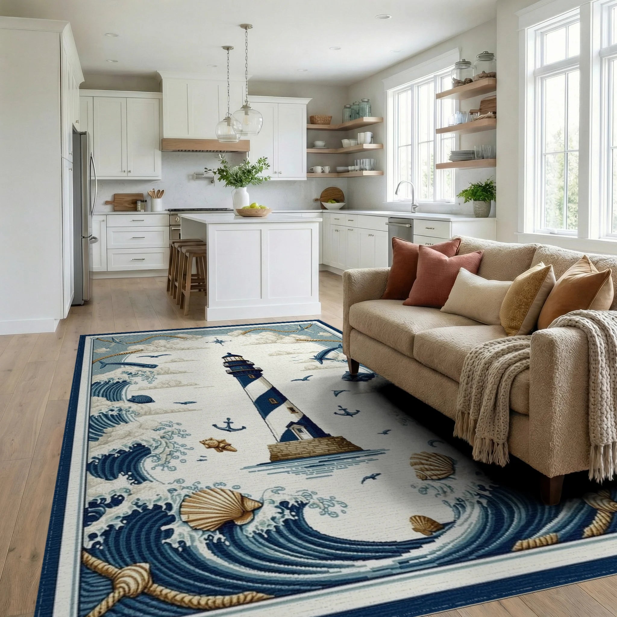 Nautical Striped Lighthouse Waves Rug - Living Room View