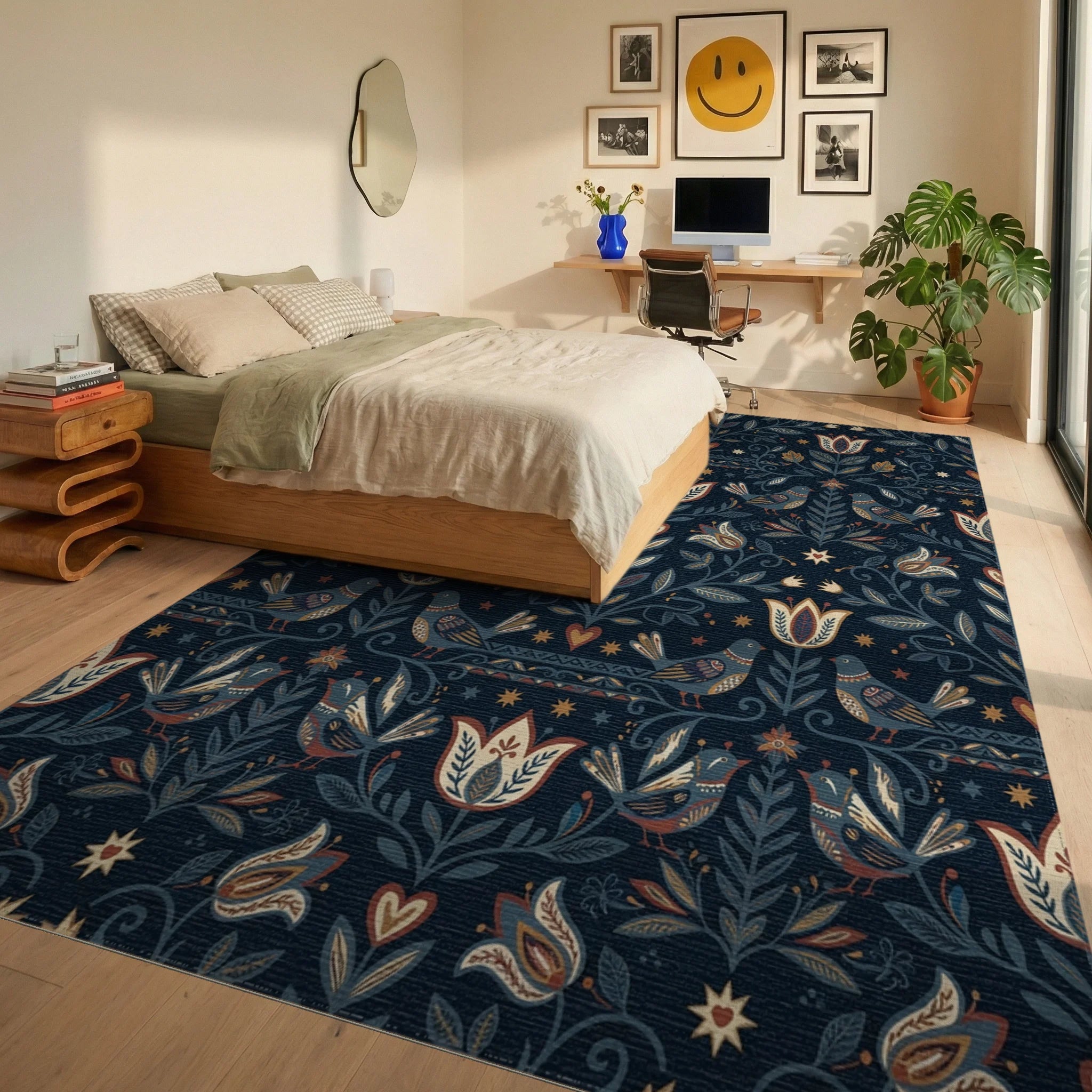 Navajo Blue Folk Floral Bird Medallion Rug Bedroom View