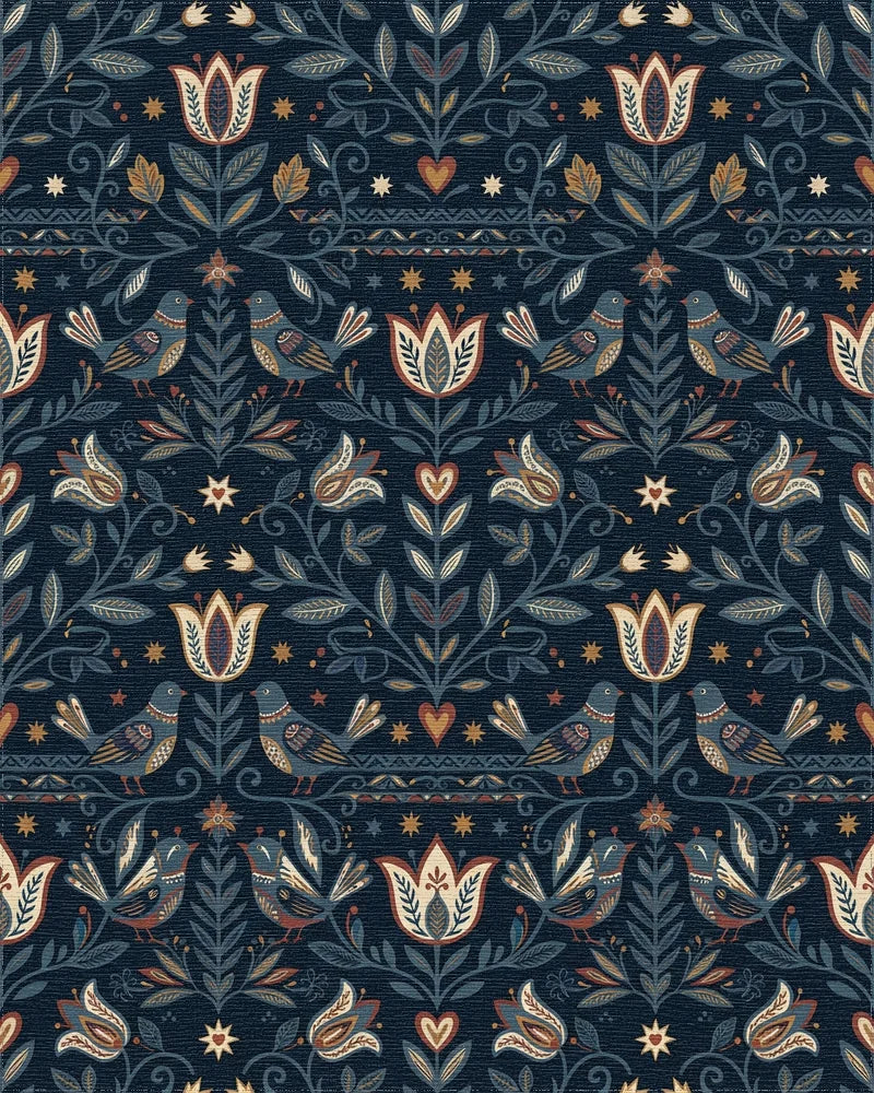 Navajo Blue Folk Floral Bird Medallion Rug - Cutout View