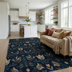 Navajo Blue Folk Floral Bird Medallion Rug Living Room View