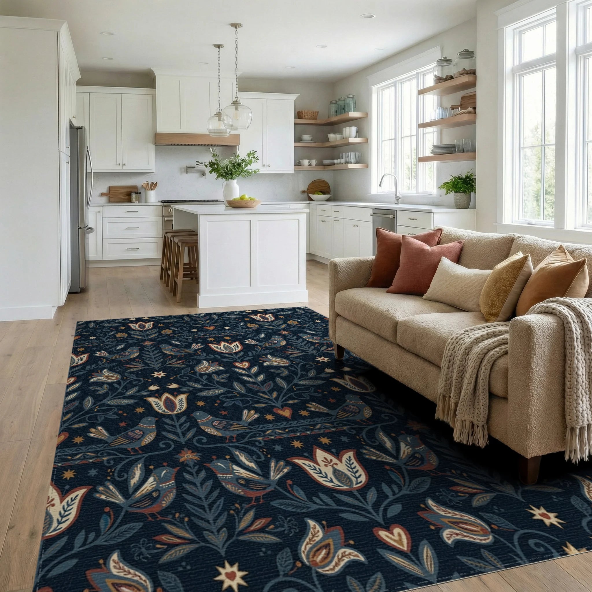 Navajo Blue Folk Floral Bird Medallion Rug Living Room View