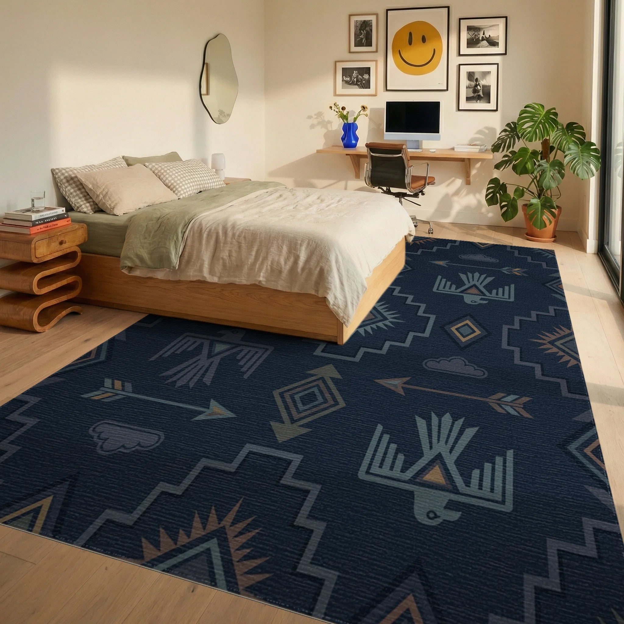 Navajo Blue Thunderbird Arrow Cloud Rug Bedroom View