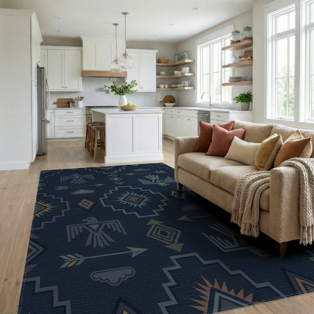 Navajo Blue Thunderbird Arrow Cloud Rug Living Room View
