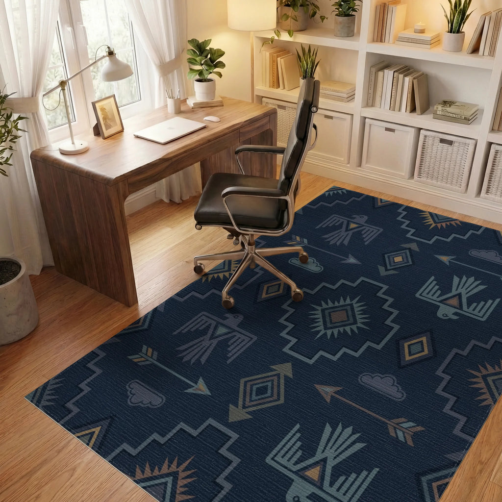 Navajo Blue Thunderbird Arrow Cloud Rug Office View