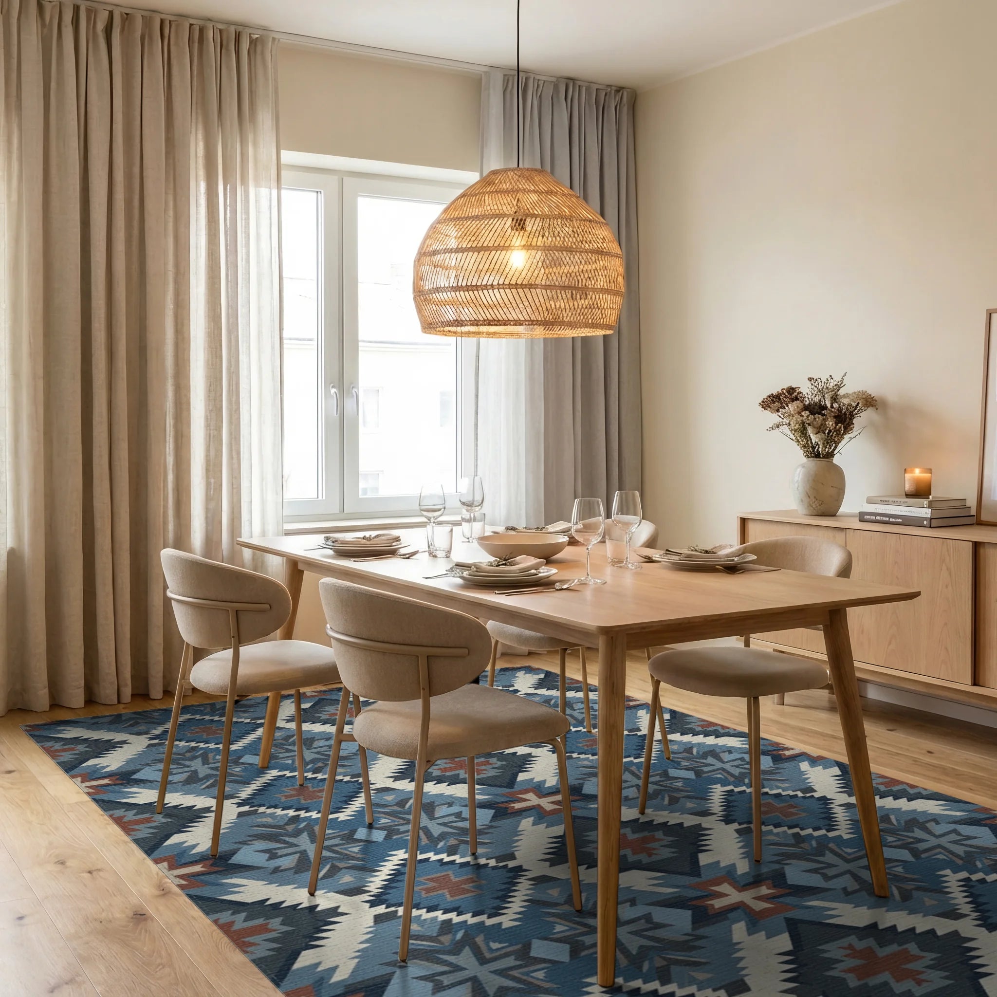 Navajo Inspired Geometric Diamond Rug Dining Room View