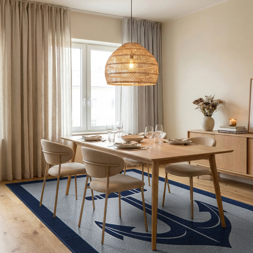 Navy Anchor With Blue Border Rug - Dining Room View