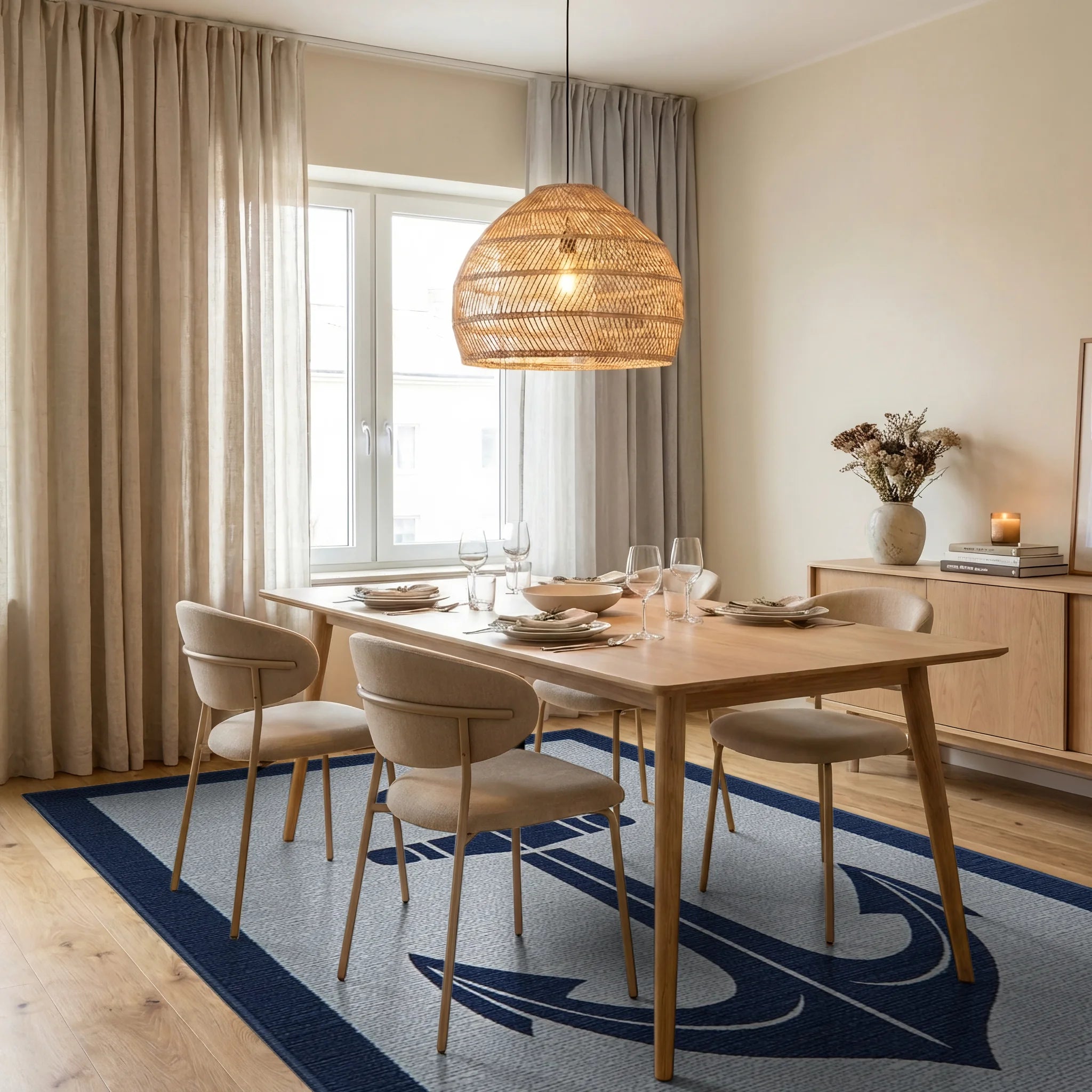 Navy Anchor With Blue Border Rug - Dining Room View