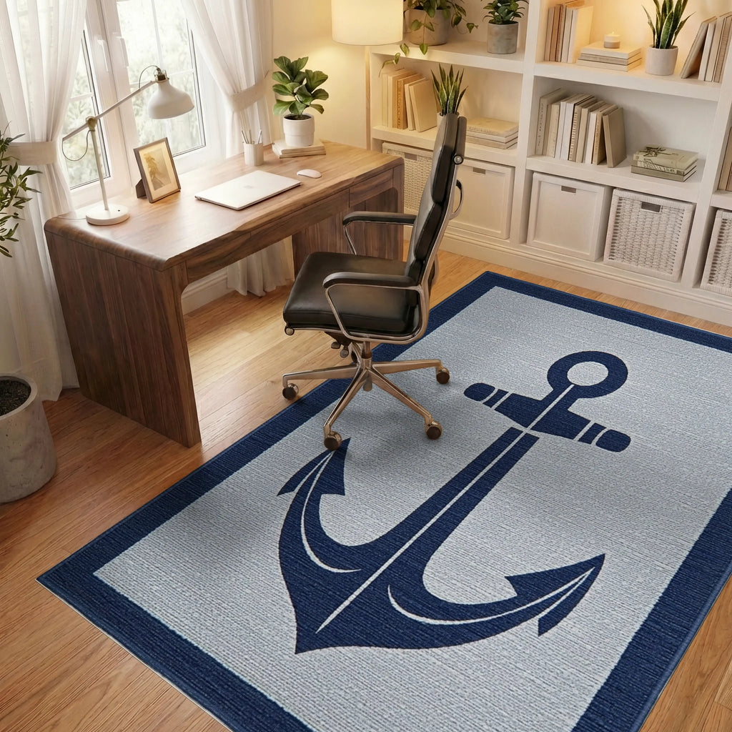 Navy Anchor With Blue Border Rug - Office View