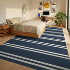 Navy and Cream Striped Rug Bedroom View