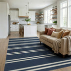 Navy and Cream Striped Rug Living Room View