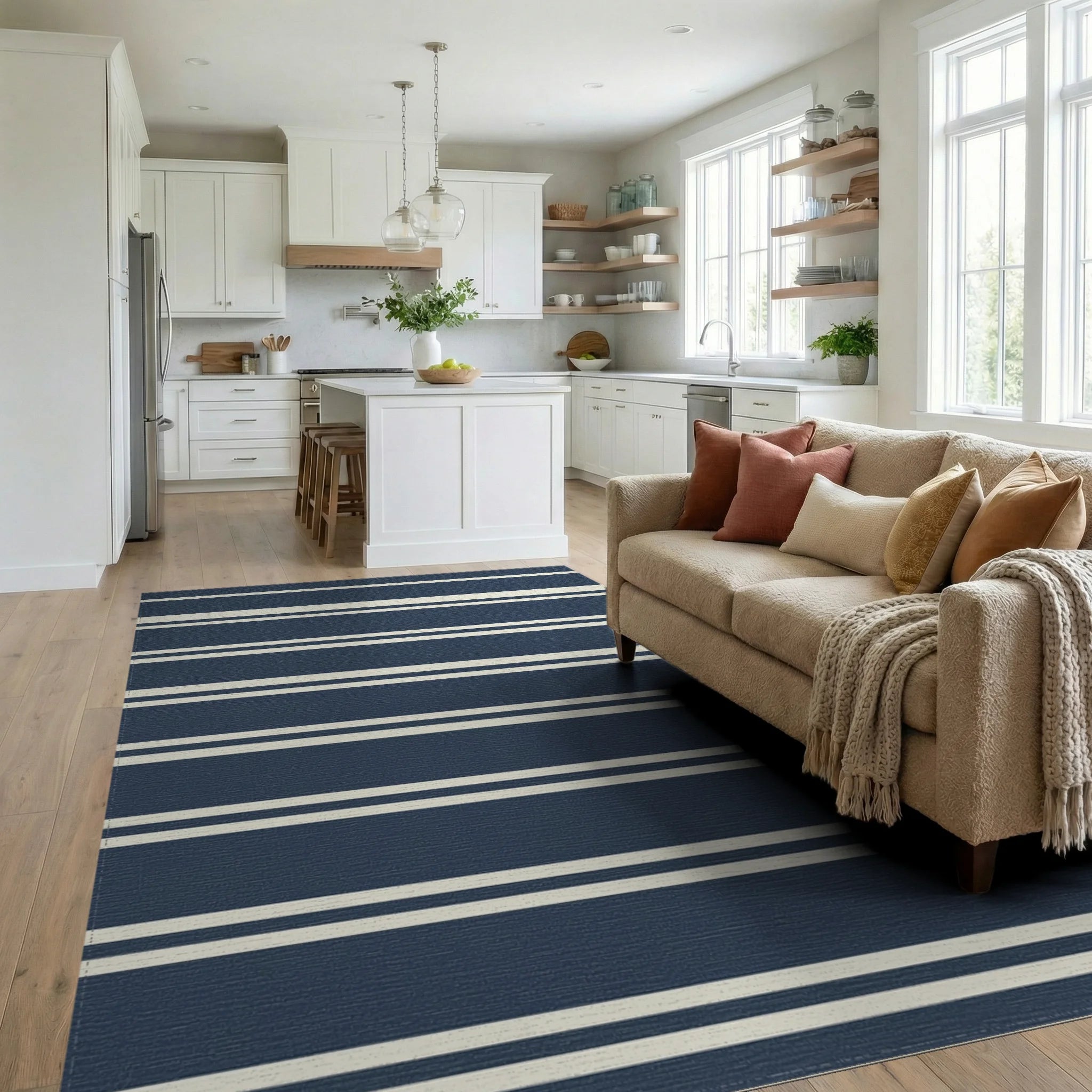 Navy and Cream Striped Rug Living Room View
