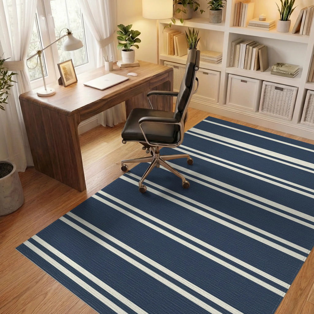 Navy and Cream Striped Rug Office View