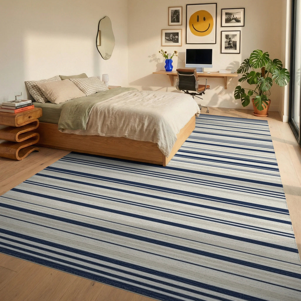 Navy Beige Thin Stripe Rug Bedroom View