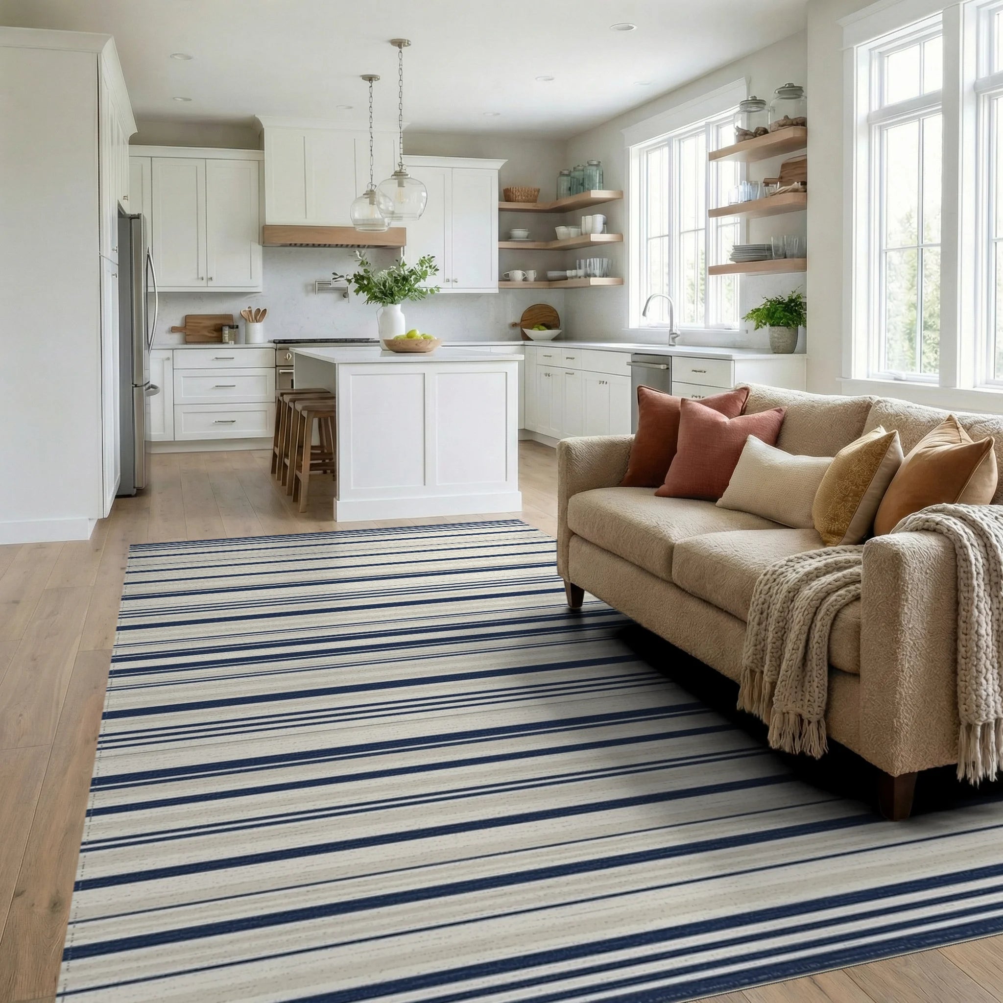 Navy Beige Thin Stripe Rug Living Room View