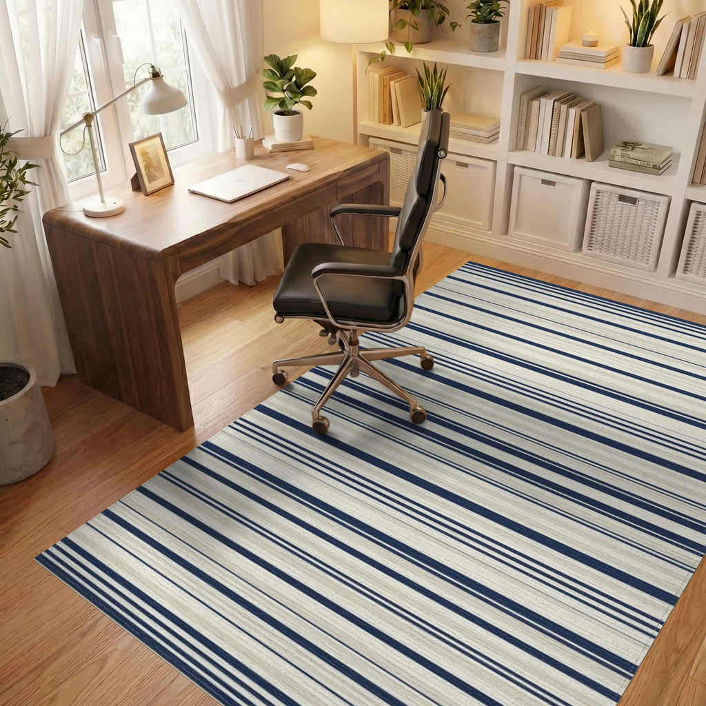 Navy Beige Thin Stripe Rug Office View