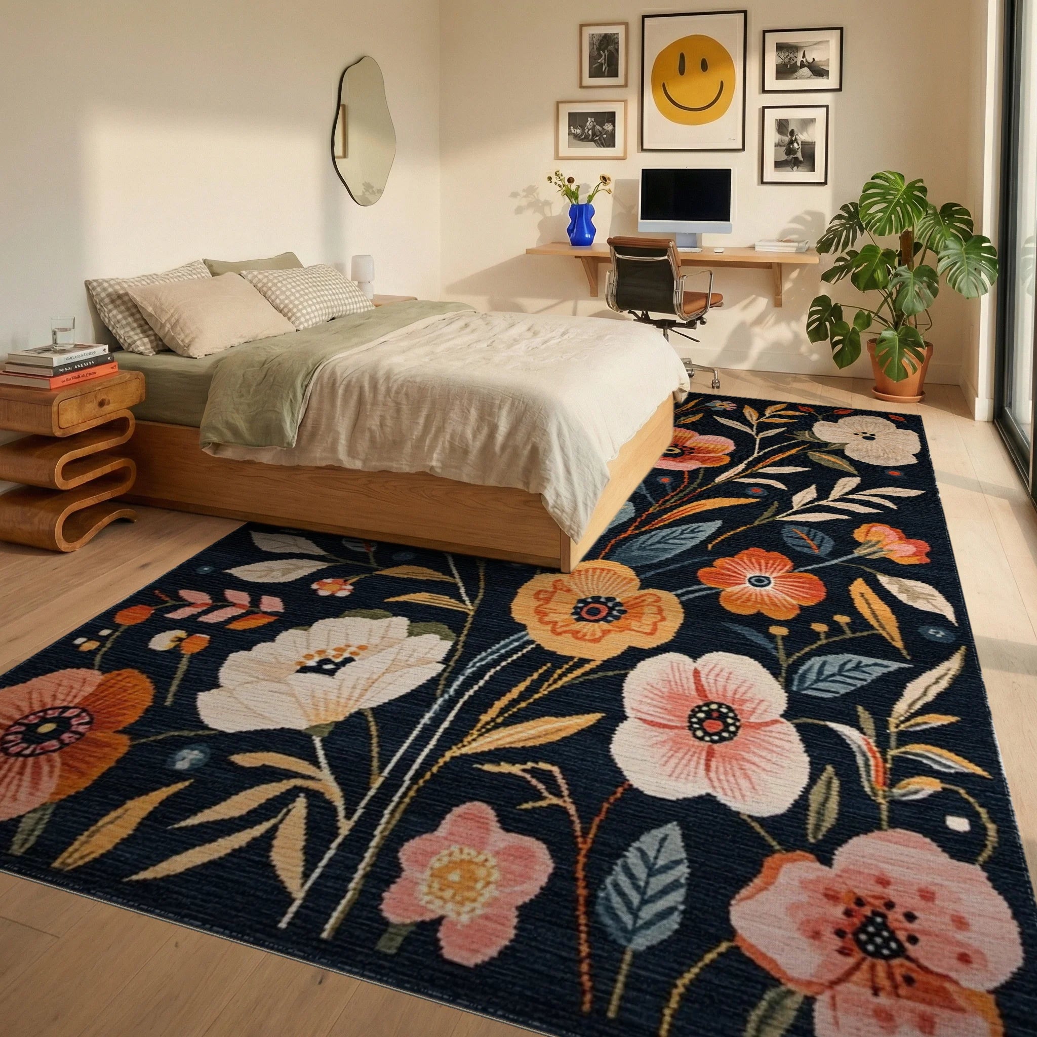 Navy Blue Floral Garden Whimsical Rug - Bedroom View