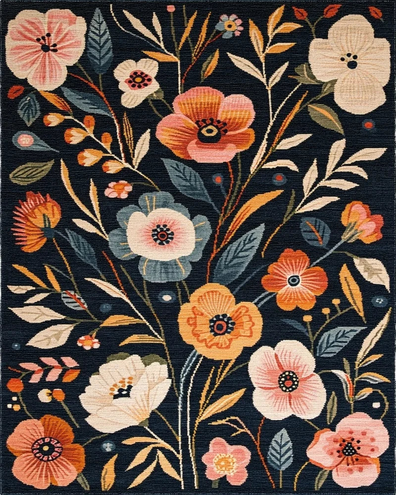 Navy Blue Floral Garden Whimsical Rug - Cutout View