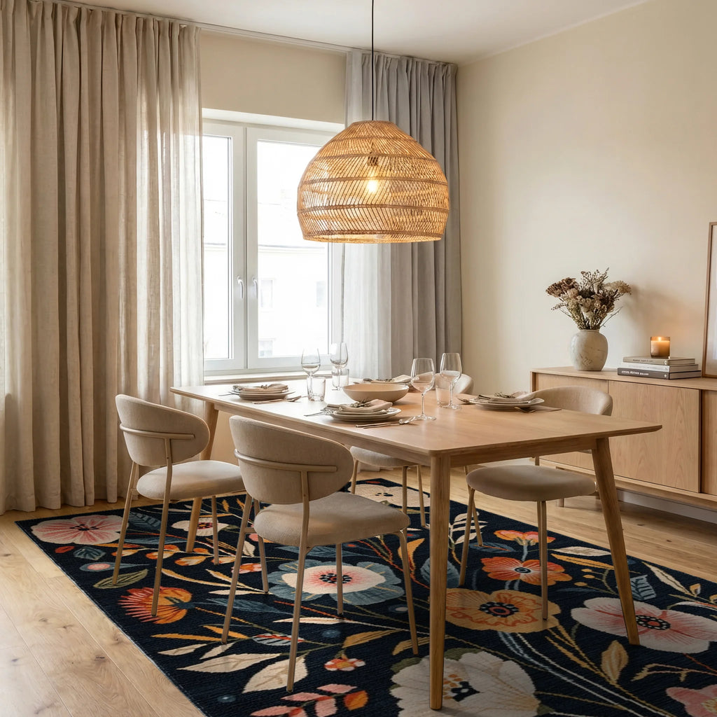 Navy Blue Floral Garden Whimsical Rug - Dining Room View