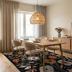 Navy Blue Floral Garden Whimsical Rug - Dining Room View