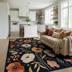Navy Blue Floral Garden Whimsical Rug - Living Room View
