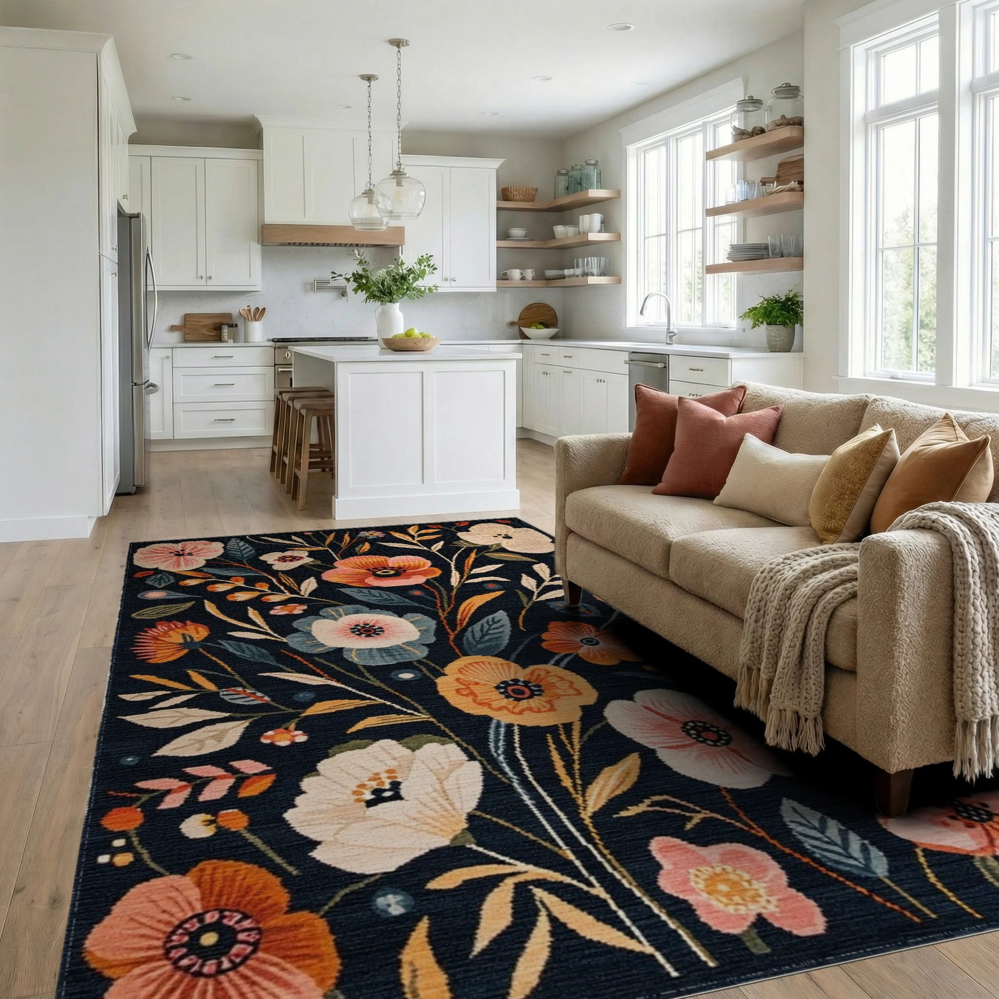 Navy Blue Floral Garden Whimsical Rug - Living Room View