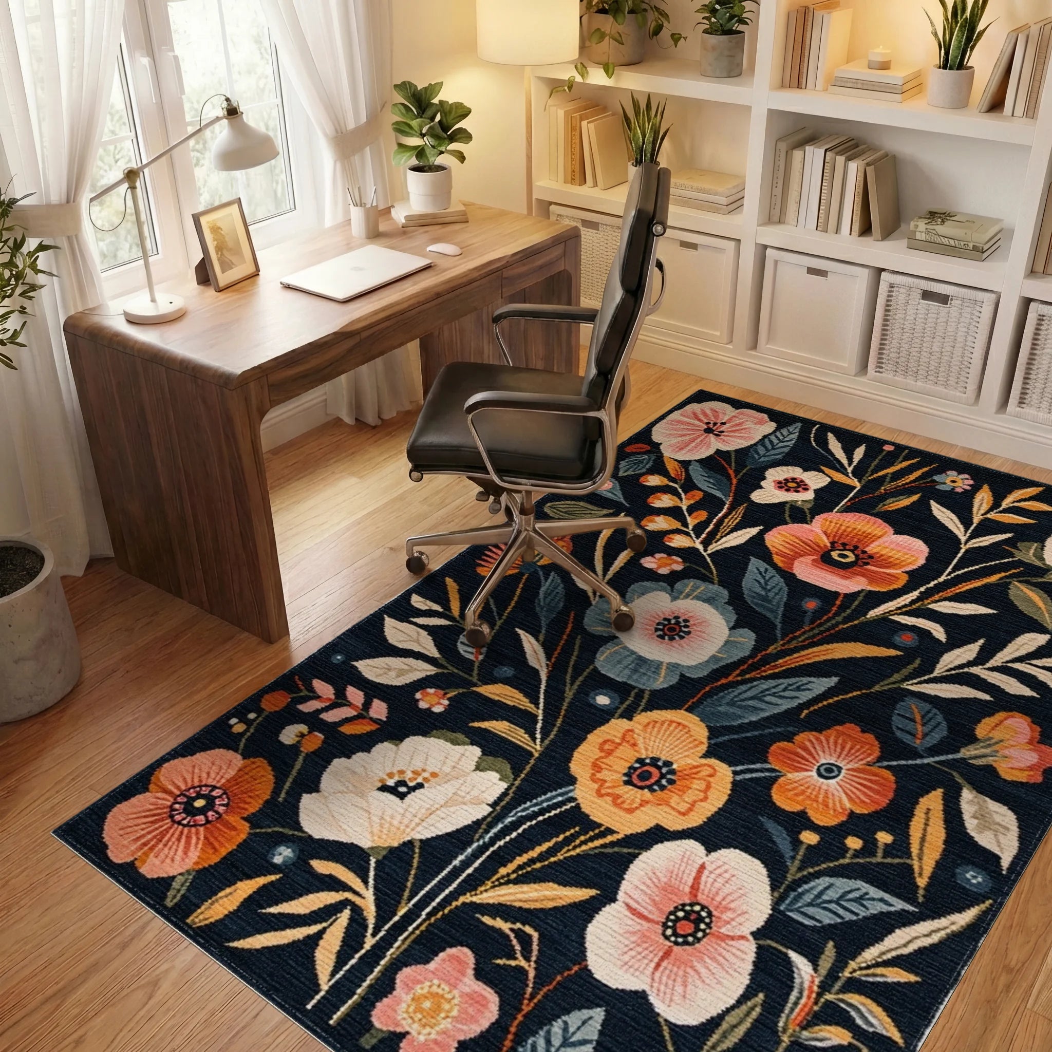 Navy Blue Floral Garden Whimsical Rug - Office View