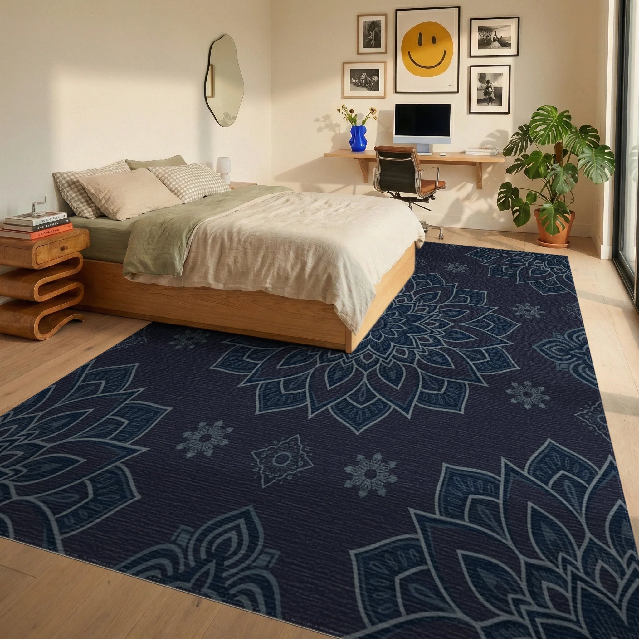 Navy Blue Floral Mandala Rug Bedroom View