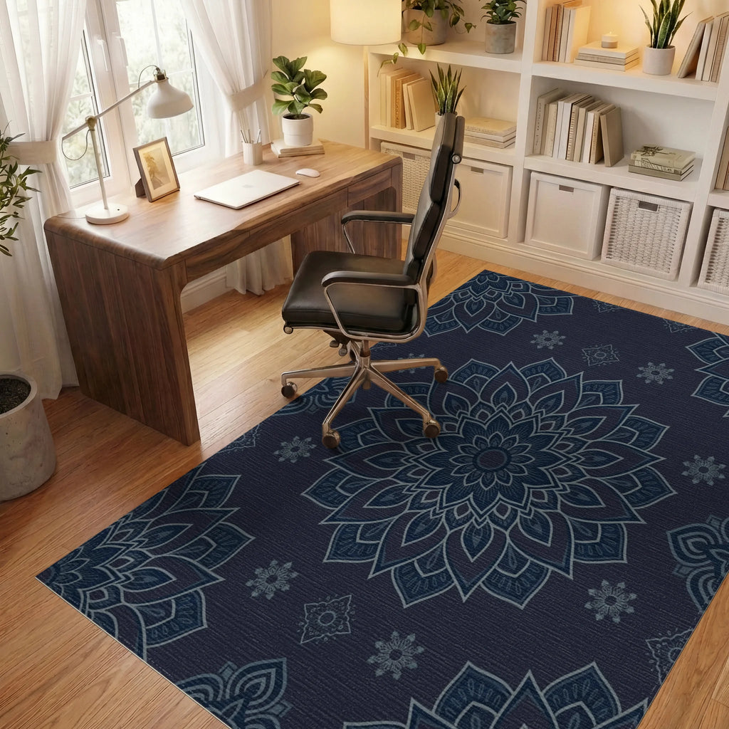 Navy Blue Floral Mandala Rug Office View