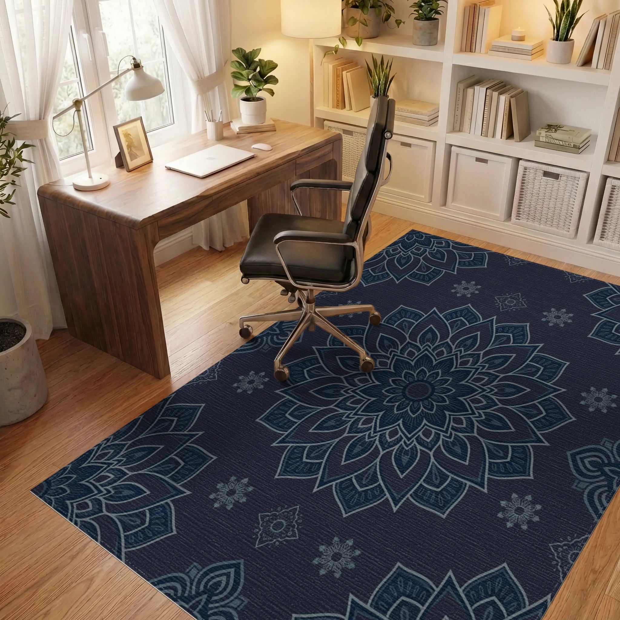 Navy Blue Floral Mandala Rug Office View