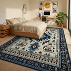 Navy Blue Geometric Tribal Medallion Rug - Bedroom View