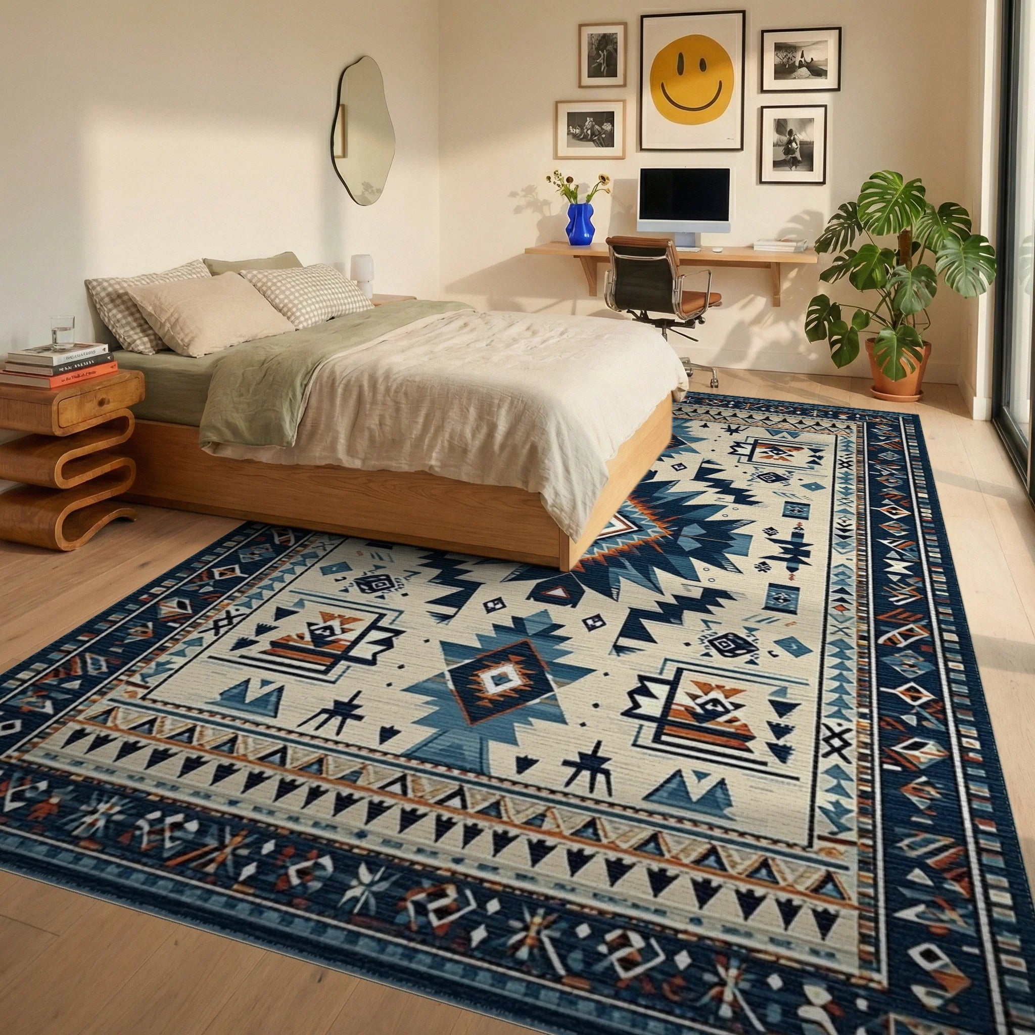 Navy Blue Geometric Tribal Medallion Rug - Bedroom View
