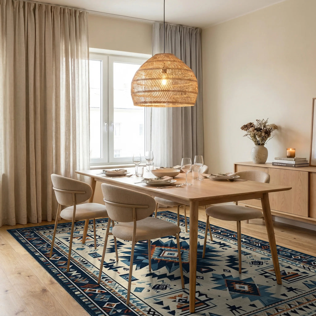 Navy Blue Geometric Tribal Medallion Rug - Dining Room View