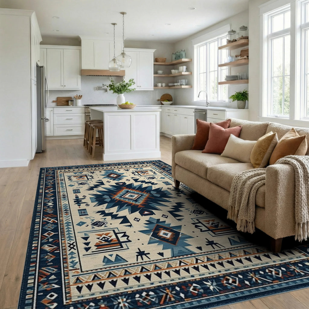 Navy Blue Geometric Tribal Medallion Rug - Living Room View
