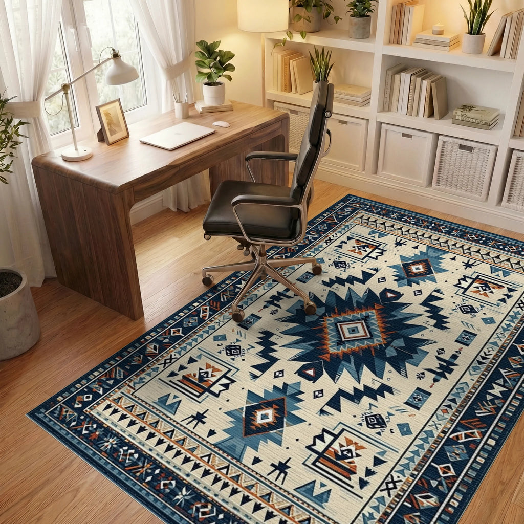 Navy Blue Geometric Tribal Medallion Rug - Office View