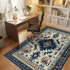 Navy Blue Geometric Tribal Medallion Rug - Office View