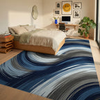 Navy Blue Gray Swirl Brushstroke Rug Bedroom View