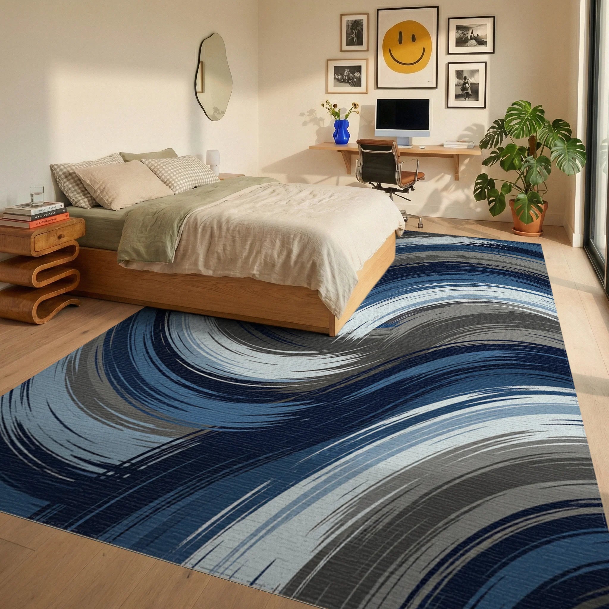 Navy Blue Gray Swirl Brushstroke Rug Bedroom View
