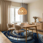 Navy Blue Gray Swirl Brushstroke Rug Dining Room View