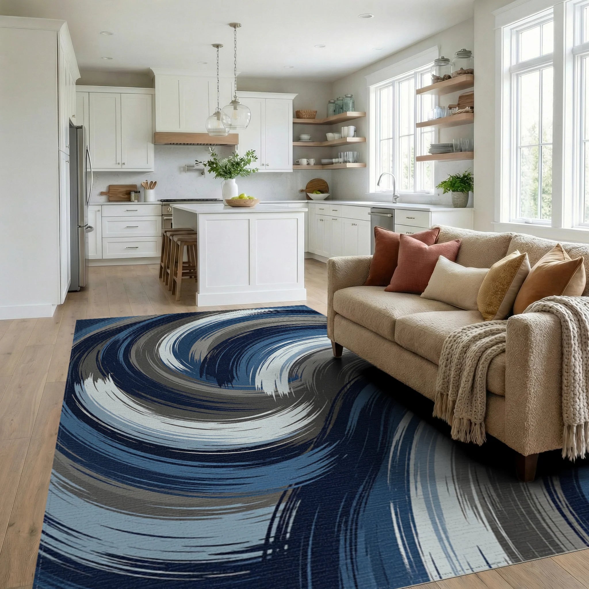 Navy Blue Gray Swirl Brushstroke Rug Living Room View
