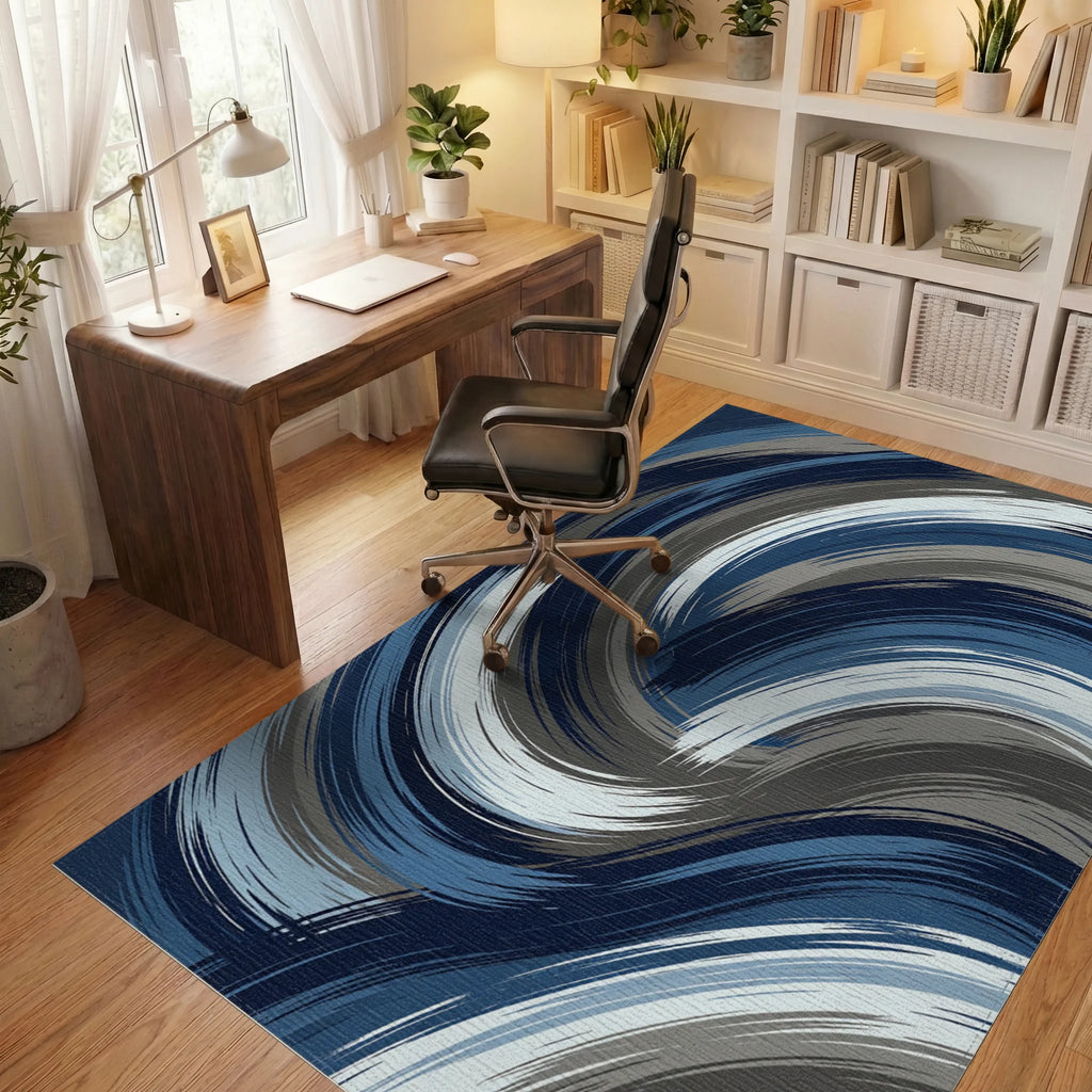 Navy Blue Gray Swirl Brushstroke Rug Office View