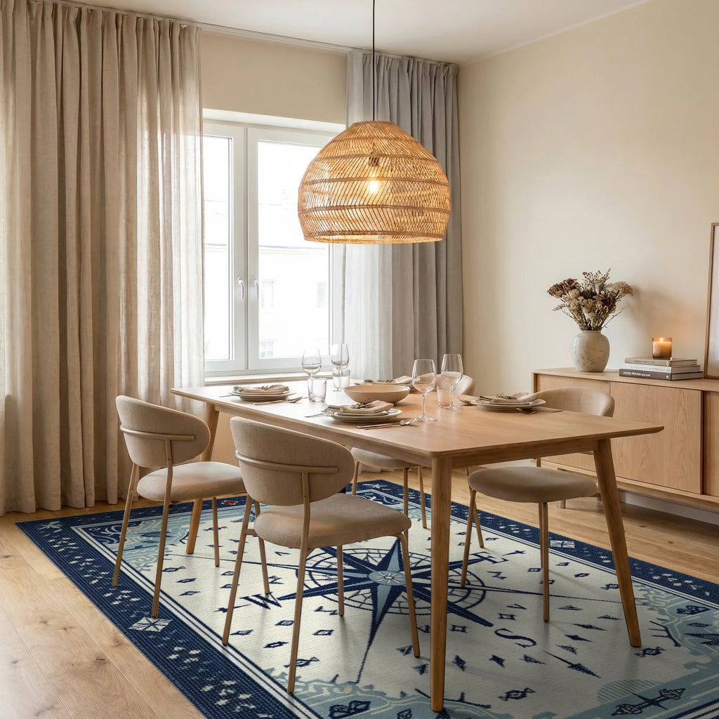 Navy Blue Nautical Compass Rose Rug - Dining Room View