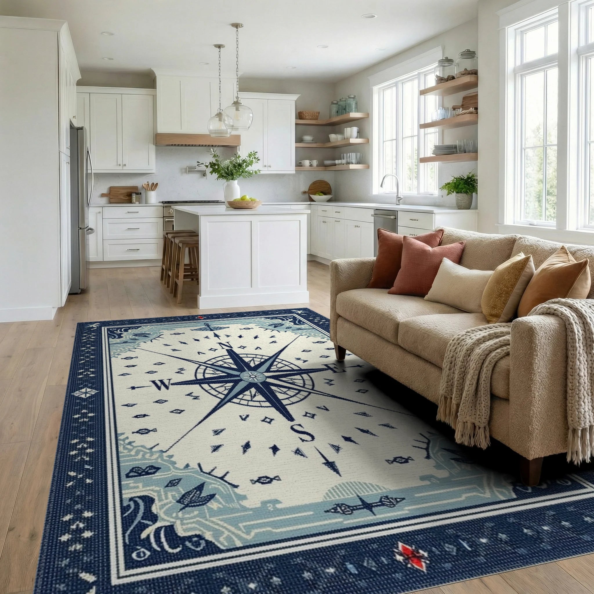 Navy Blue Nautical Compass Rose Rug - Living Room View