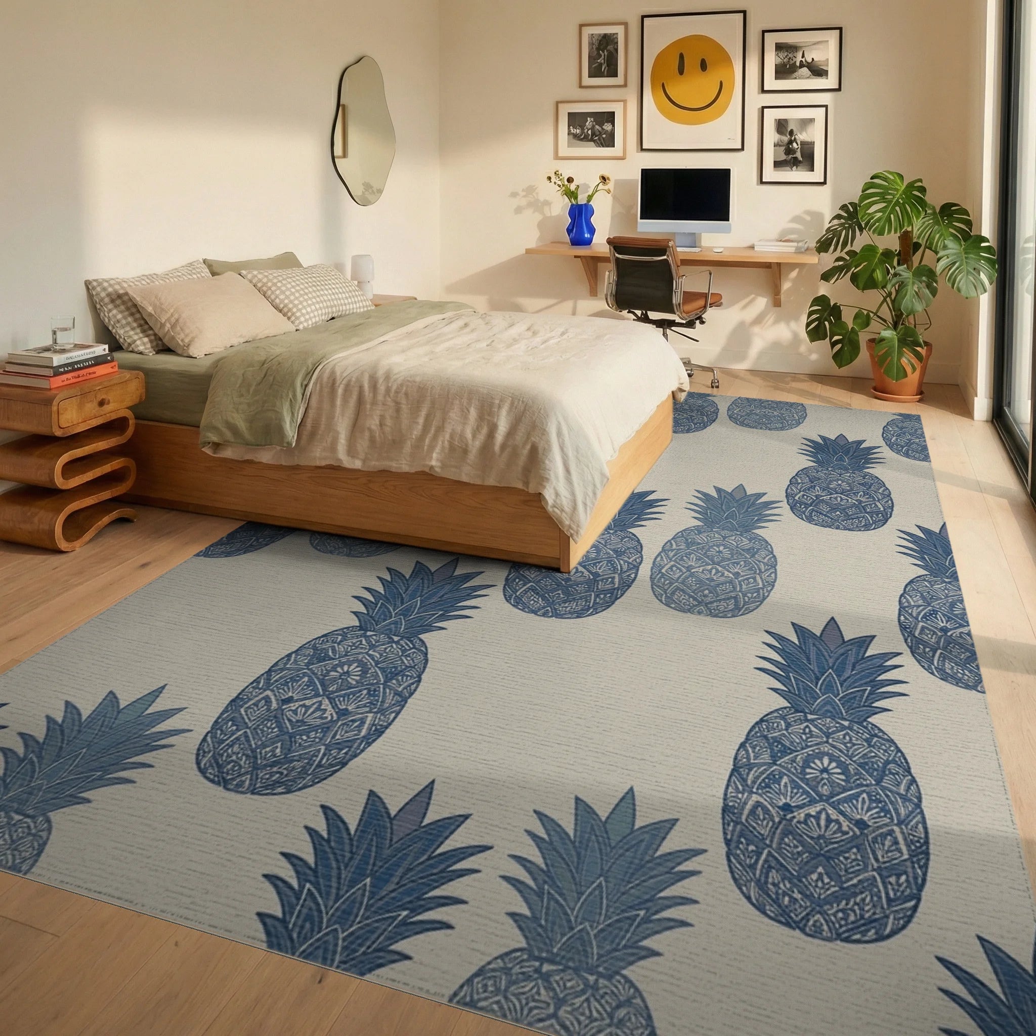 Navy Blue Ornate Pineapple Repeat Rug Bedroom View